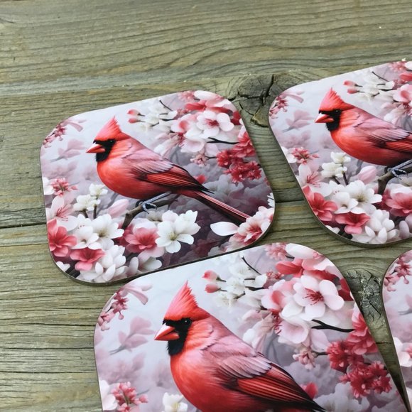 Male Cardinal and Flowers Set of 4 Coasters - Picture 3 of 7